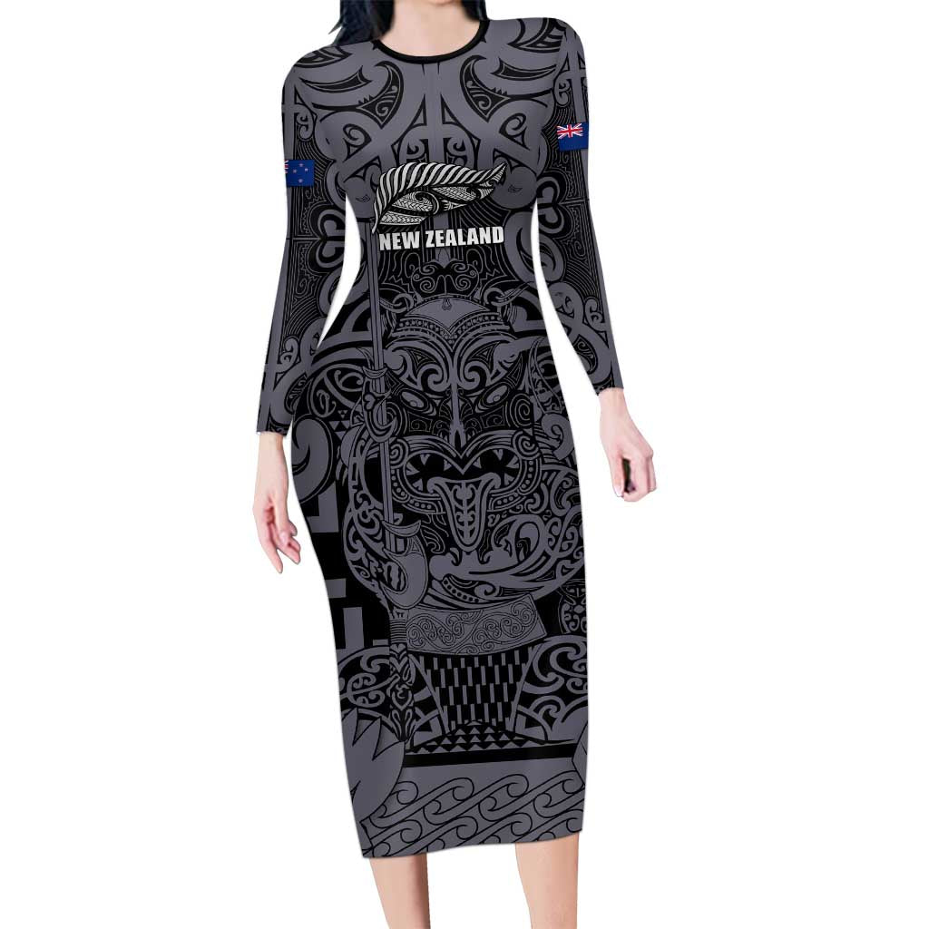 Custom New Zealand Taiaha Maori Long Sleeve Bodycon Dress Minimalist Silver Fern All Black LT9 Long Dress Black - Polynesian Pride