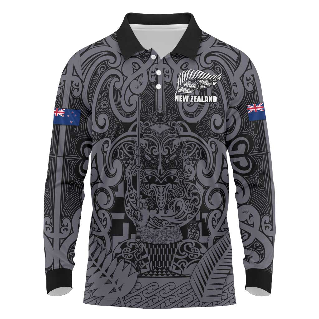 Custom New Zealand Taiaha Maori Long Sleeve Polo Shirt Minimalist Silver Fern All Black LT9 Black - Polynesian Pride