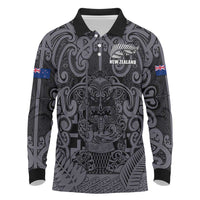 Custom New Zealand Taiaha Maori Long Sleeve Polo Shirt Minimalist Silver Fern All Black LT9 Black - Polynesian Pride