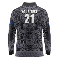 Custom New Zealand Taiaha Maori Long Sleeve Polo Shirt Minimalist Silver Fern All Black LT9 - Polynesian Pride