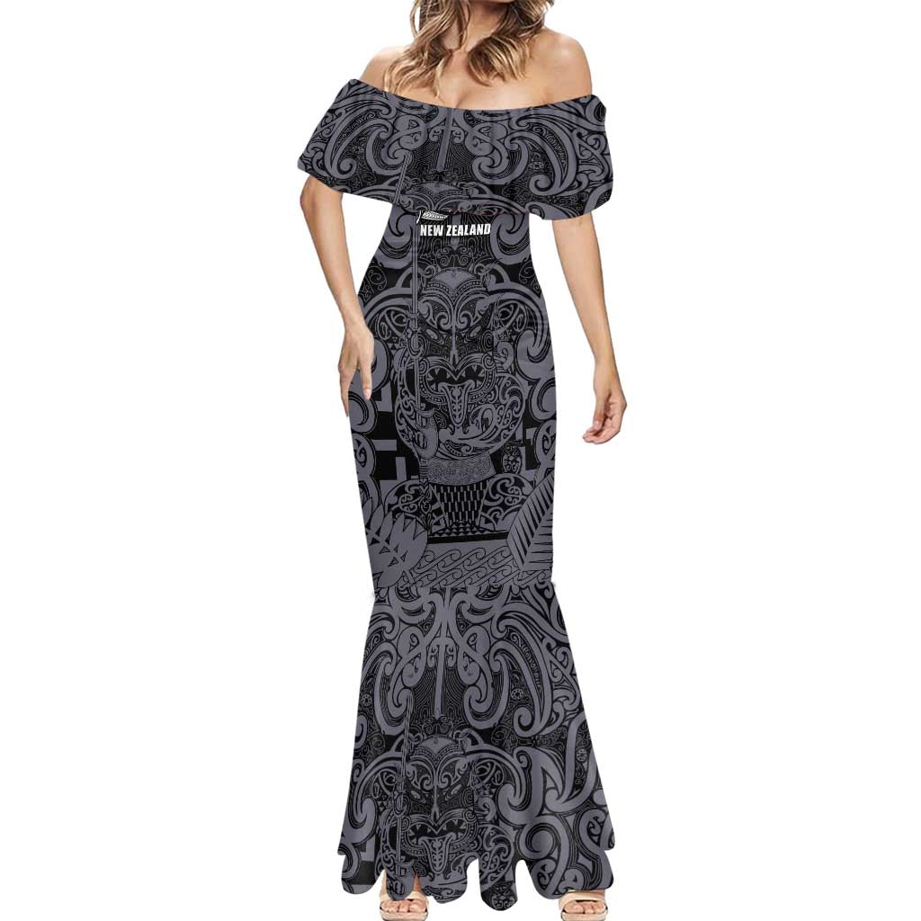Custom New Zealand Taiaha Maori Mermaid Dress Minimalist Silver Fern All Black LT9 - Polynesian Pride