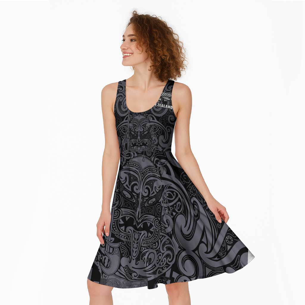 Custom New Zealand Taiaha Maori Midi Dress Minimalist Silver Fern All Black - Polynesian Pride