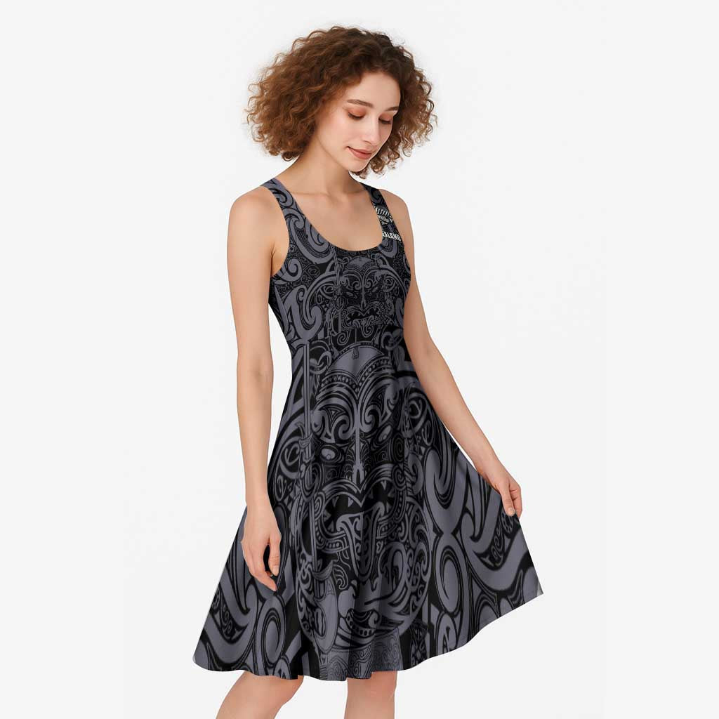 Custom New Zealand Taiaha Maori Midi Dress Minimalist Silver Fern All Black - Polynesian Pride