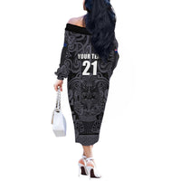 Custom New Zealand Taiaha Maori Off The Shoulder Long Sleeve Dress Minimalist Silver Fern All Black LT9 - Polynesian Pride
