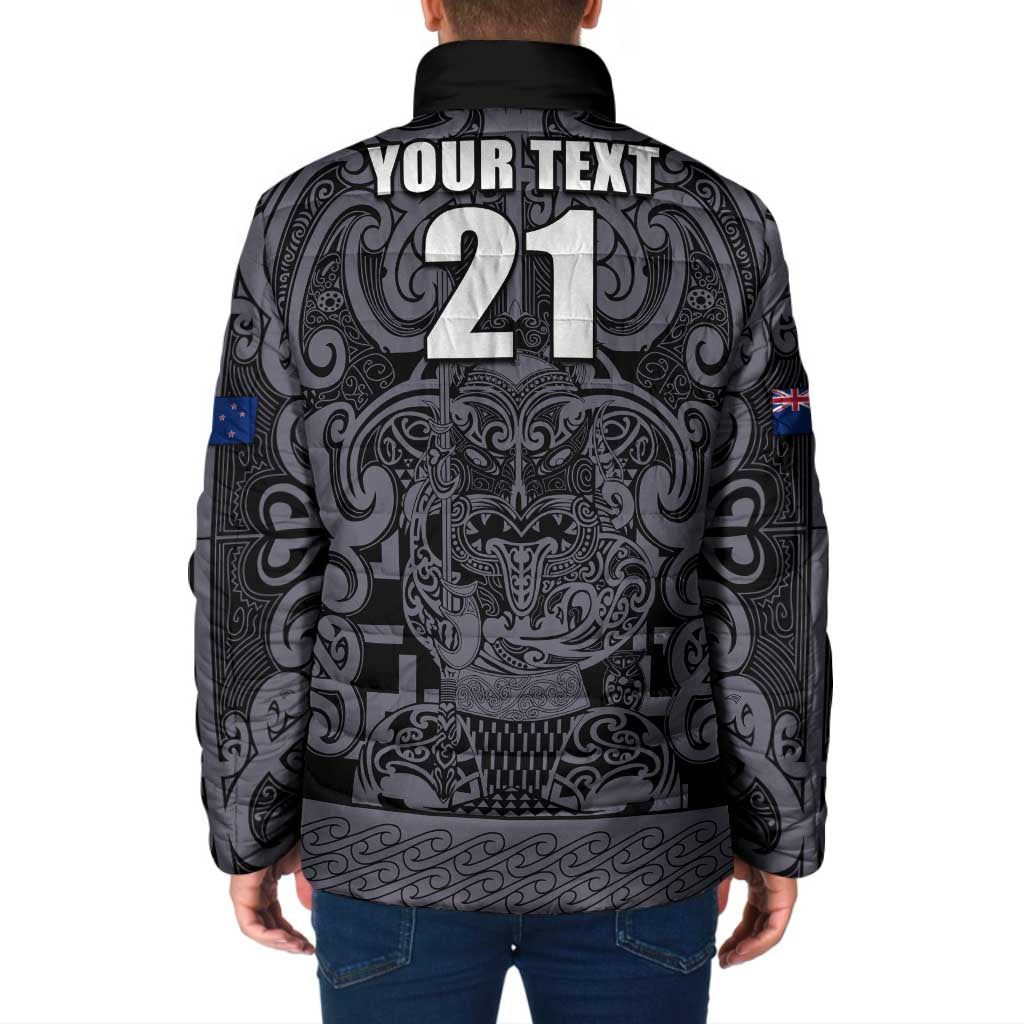 Custom New Zealand Taiaha Maori Padded Jacket Minimalist Silver Fern All Black - Polynesian Pride