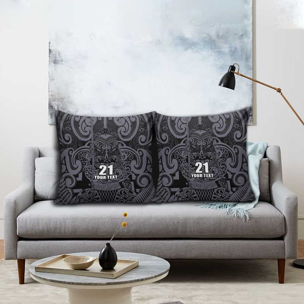 Custom New Zealand Taiaha Maori Pillow Cover Minimalist Silver Fern All Black - Polynesian Pride
