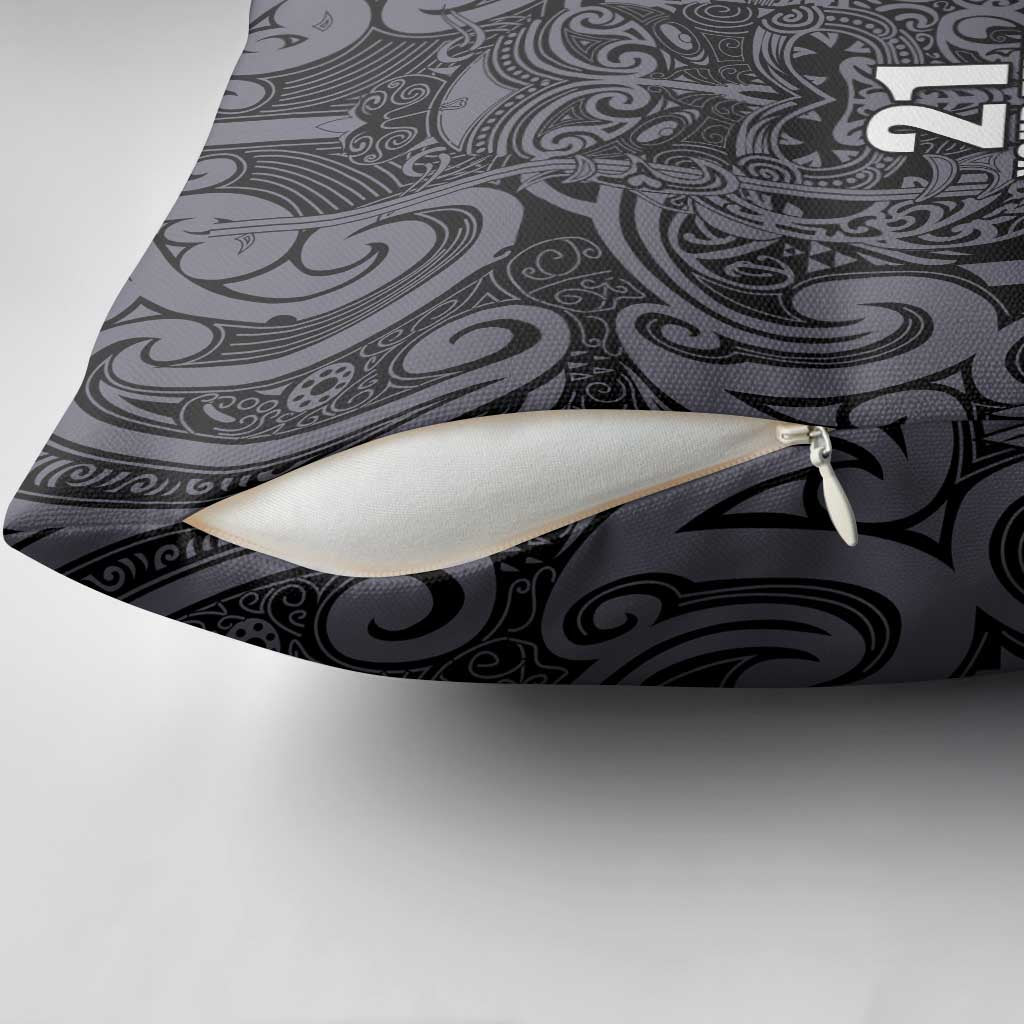 Custom New Zealand Taiaha Maori Pillow Cover Minimalist Silver Fern All Black - Polynesian Pride