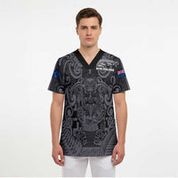 Custom New Zealand Taiaha Maori Scrub Top Minimalist Silver Fern All Black - Polynesian Pride