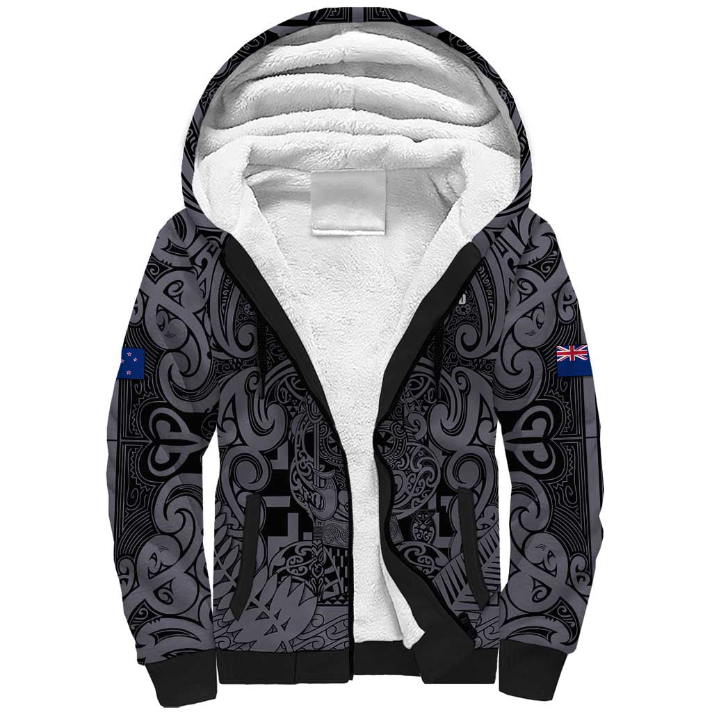 Custom New Zealand Taiaha Maori Sherpa Hoodie Minimalist Silver Fern All Black LT9 Unisex Black - Polynesian Pride