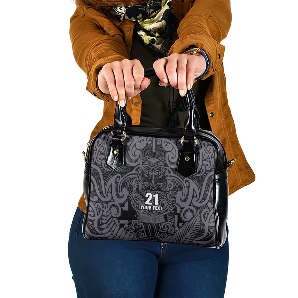 Custom New Zealand Taiaha Maori Shoulder Handbag Minimalist Silver Fern All Black - Polynesian Pride