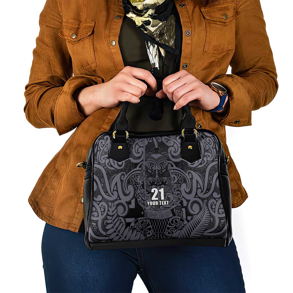 Custom New Zealand Taiaha Maori Shoulder Handbag Minimalist Silver Fern All Black - Polynesian Pride