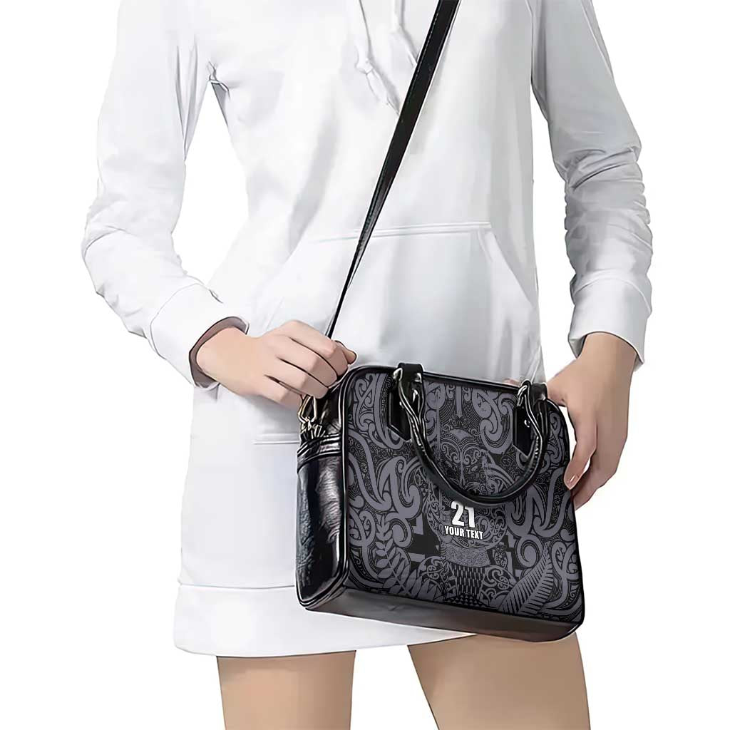 Custom New Zealand Taiaha Maori Shoulder Handbag Minimalist Silver Fern All Black - Polynesian Pride