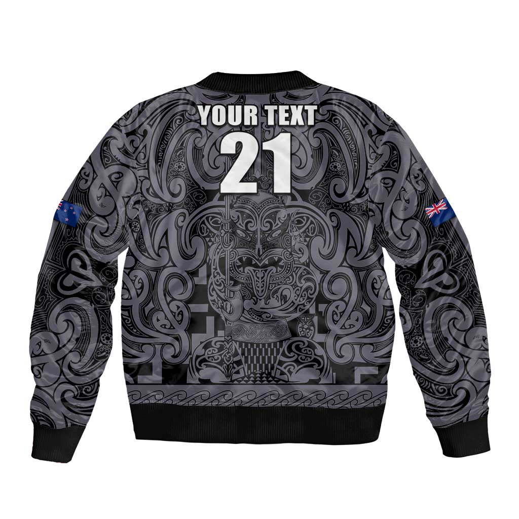 Custom New Zealand Taiaha Maori Sleeve Zip Bomber Jacket Minimalist Silver Fern All Black - Polynesian Pride
