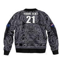 Custom New Zealand Taiaha Maori Sleeve Zip Bomber Jacket Minimalist Silver Fern All Black - Polynesian Pride