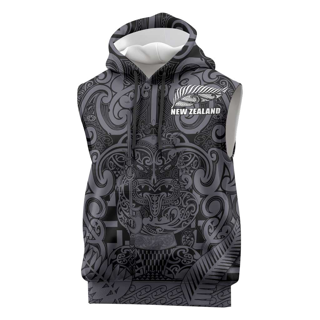 Custom New Zealand Taiaha Maori Sleeveless Hoodie Minimalist Silver Fern All Black LT9 Black - Polynesian Pride