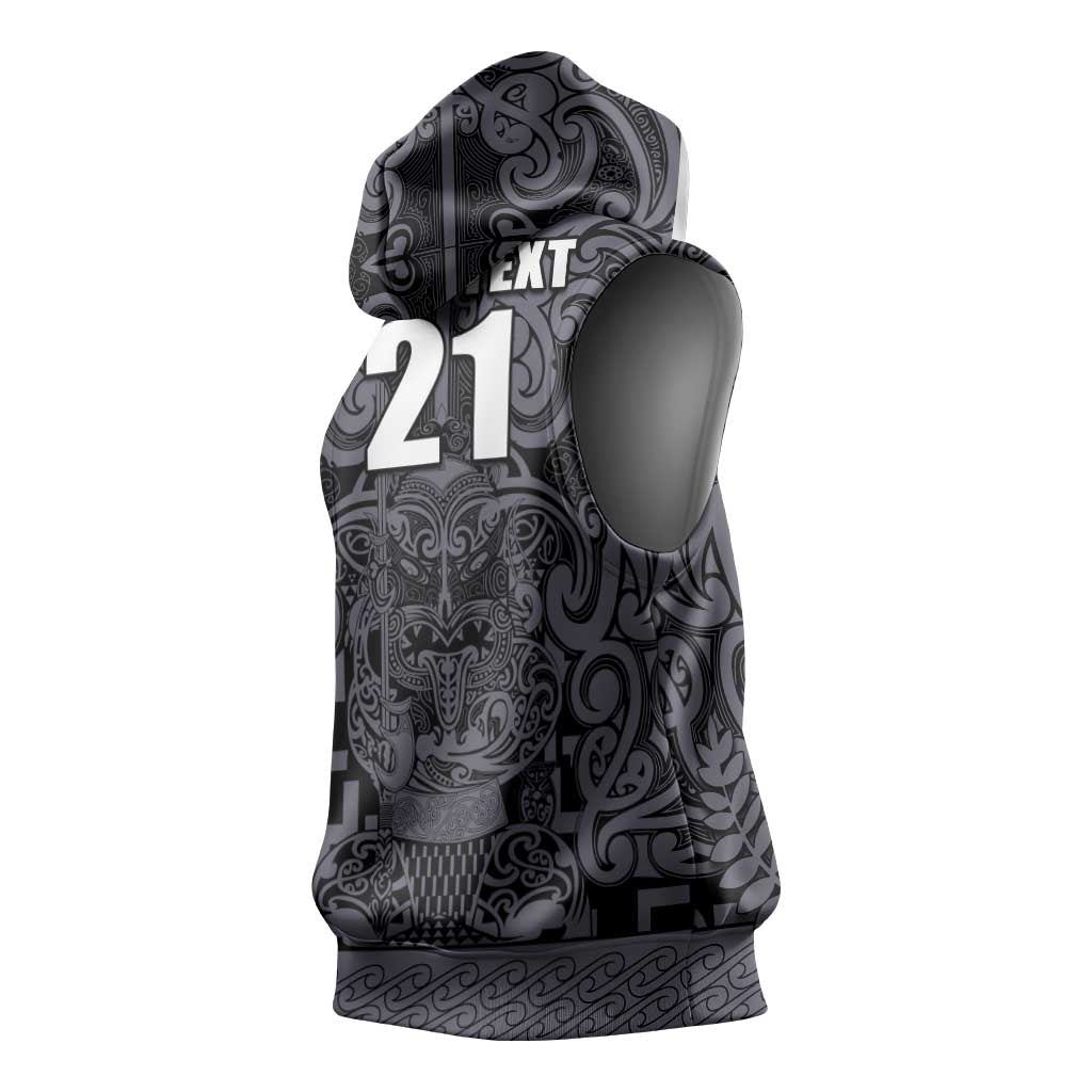 Custom New Zealand Taiaha Maori Sleeveless Hoodie Minimalist Silver Fern All Black LT9 - Polynesian Pride