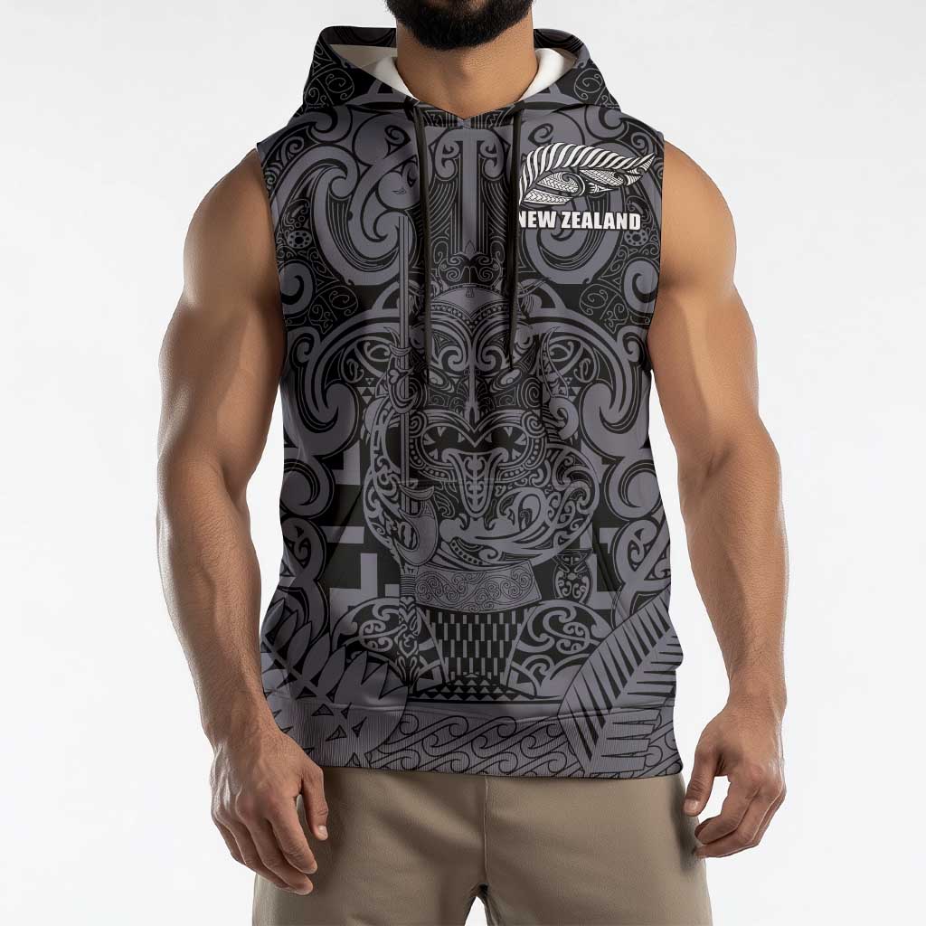 Custom New Zealand Taiaha Maori Sleeveless Hoodie Minimalist Silver Fern All Black LT9 - Polynesian Pride
