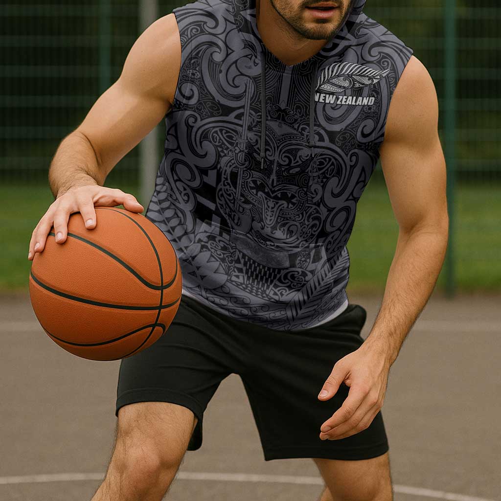 Custom New Zealand Taiaha Maori Sleeveless Hoodie Minimalist Silver Fern All Black LT9 - Polynesian Pride