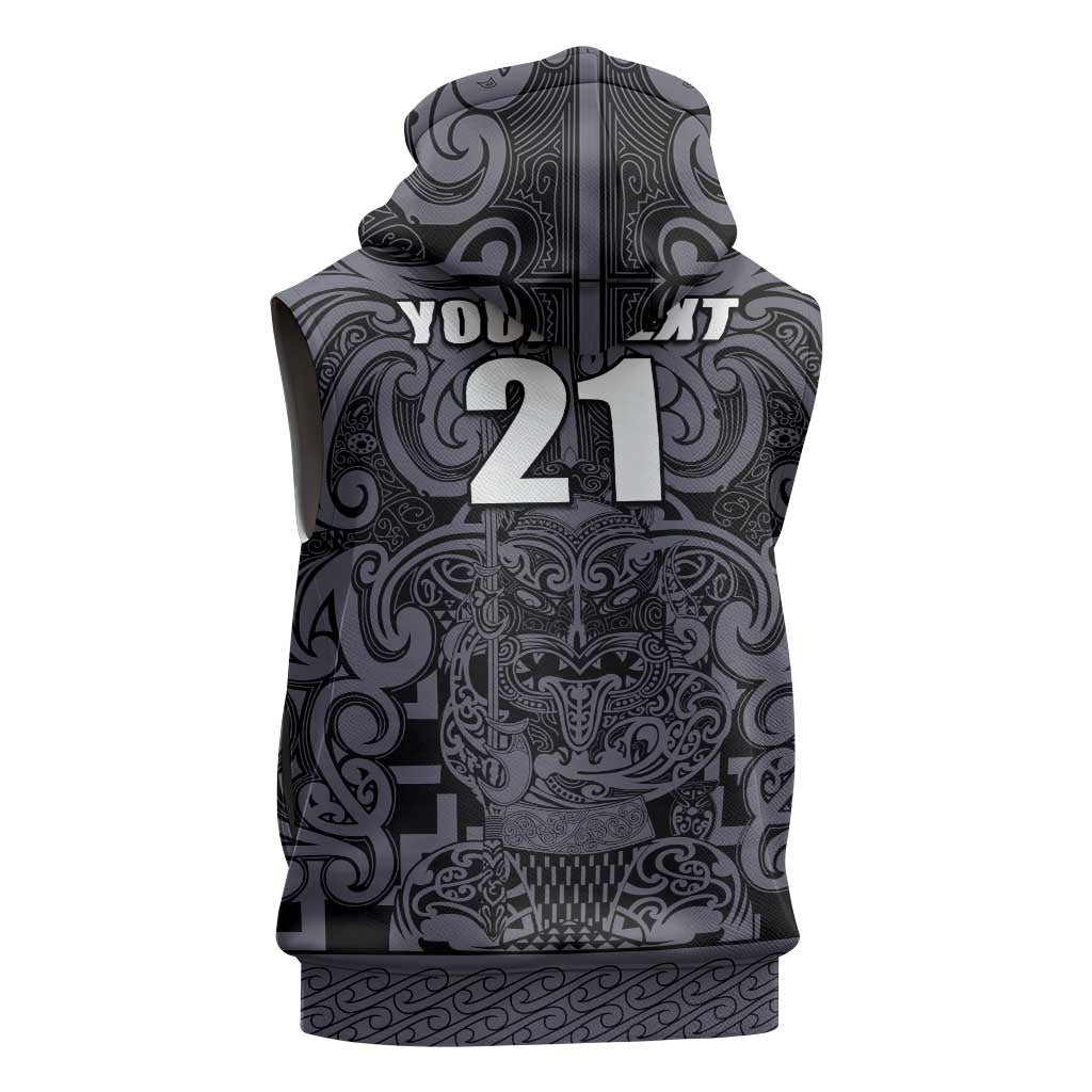 Custom New Zealand Taiaha Maori Sleeveless Zip Hoodie Minimalist Silver Fern All Black LT9 - Polynesian Pride