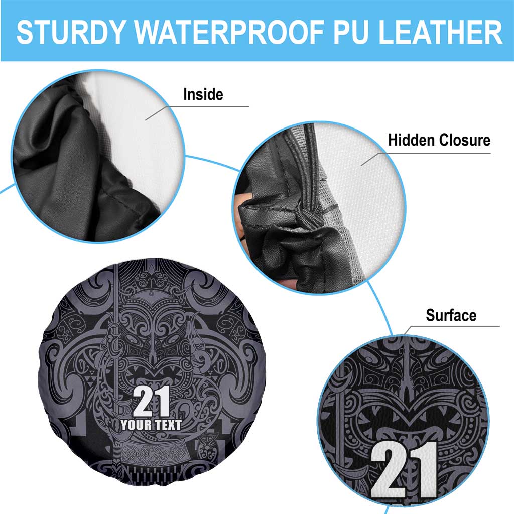 Custom New Zealand Taiaha Maori Spare Tire Cover Minimalist Silver Fern All Black - Polynesian Pride