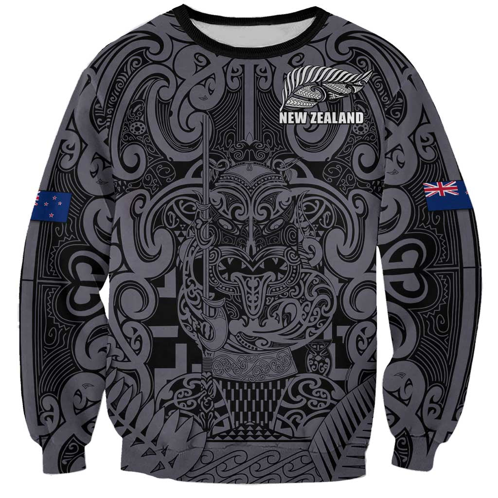 Custom New Zealand Taiaha Maori Sweatshirt Minimalist Silver Fern All Black - Polynesian Pride