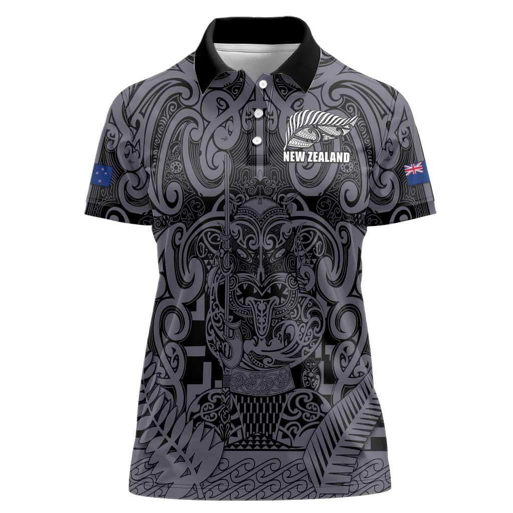 Custom New Zealand Taiaha Maori Women Polo Shirt Minimalist Silver Fern All Black LT9 Female Black - Polynesian Pride