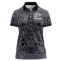 Custom New Zealand Taiaha Maori Women Polo Shirt Minimalist Silver Fern All Black LT9 Female Black - Polynesian Pride