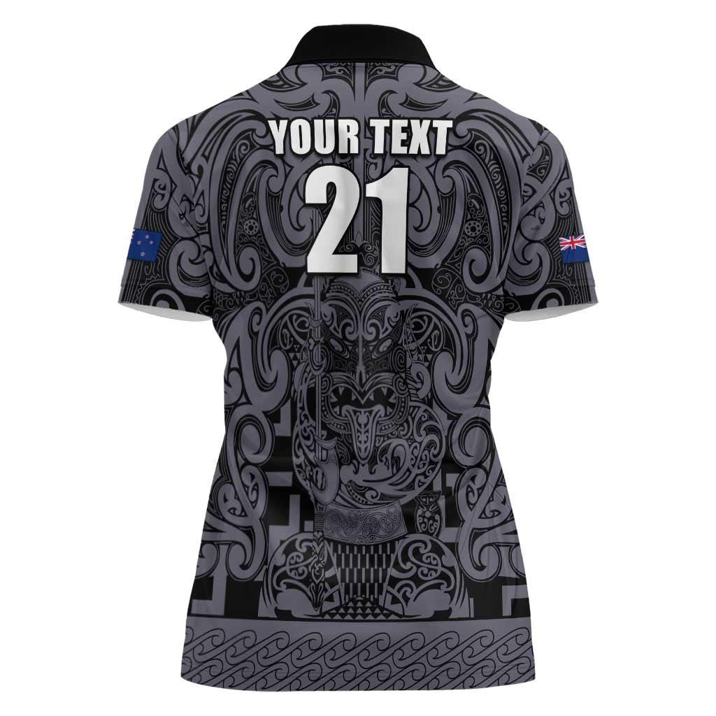 Custom New Zealand Taiaha Maori Women Polo Shirt Minimalist Silver Fern All Black LT9 - Polynesian Pride