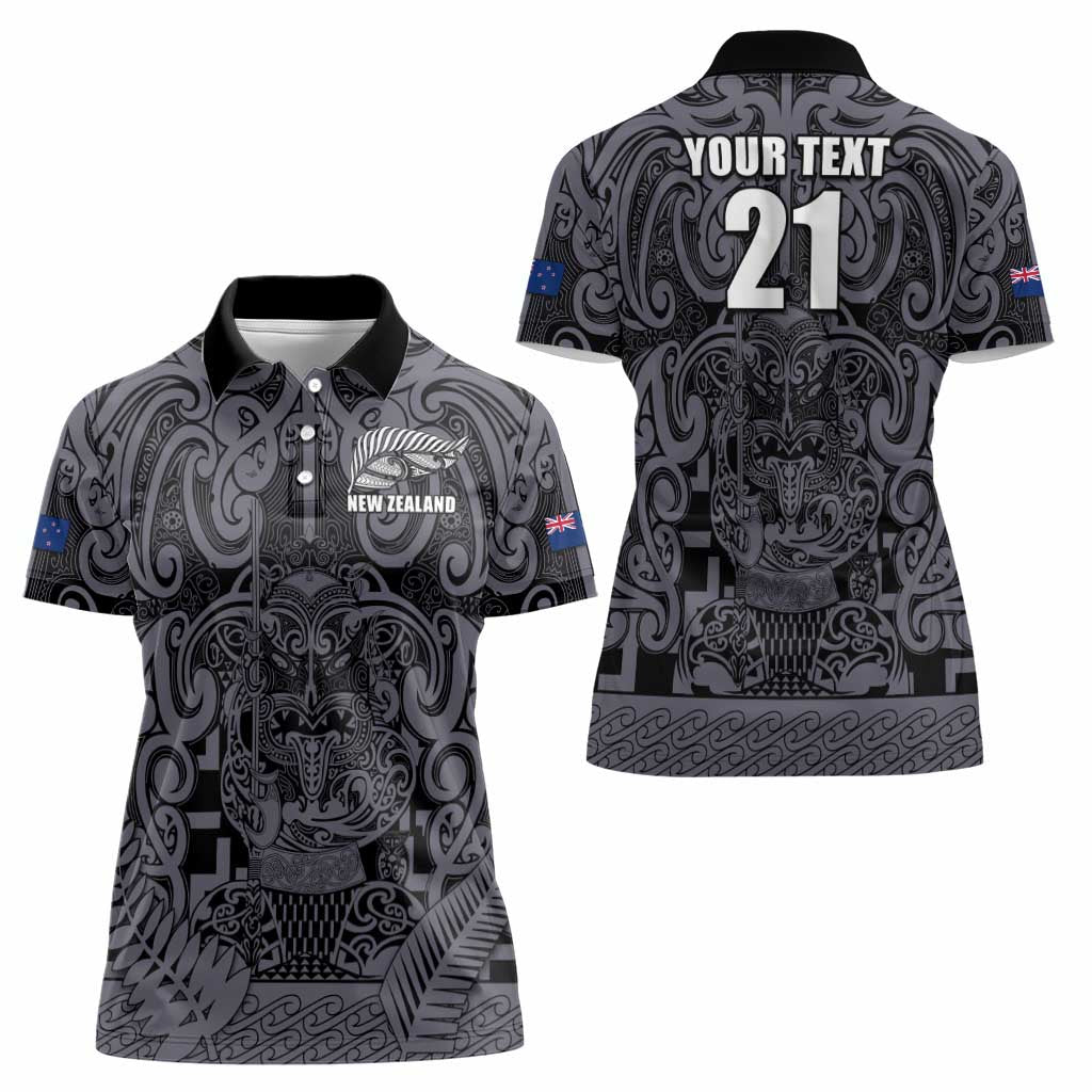 Custom New Zealand Taiaha Maori Women Polo Shirt Minimalist Silver Fern All Black LT9 - Polynesian Pride