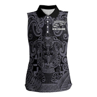 Custom New Zealand Taiaha Maori Women Sleeveless Polo Shirt Minimalist Silver Fern All Black LT9 Female Black - Polynesian Pride