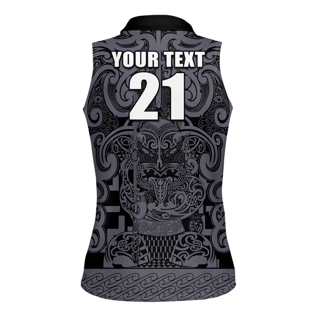 Custom New Zealand Taiaha Maori Women Sleeveless Polo Shirt Minimalist Silver Fern All Black LT9 - Polynesian Pride