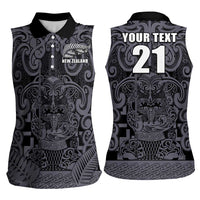 Custom New Zealand Taiaha Maori Women Sleeveless Polo Shirt Minimalist Silver Fern All Black LT9 - Polynesian Pride