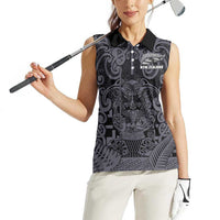 Custom New Zealand Taiaha Maori Women Sleeveless Polo Shirt Minimalist Silver Fern All Black LT9 - Polynesian Pride