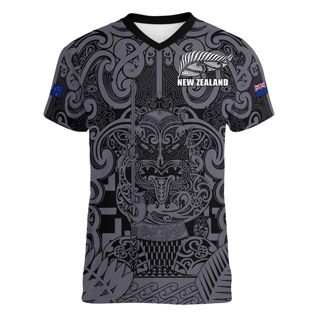 Custom New Zealand Taiaha Maori Women V-Neck T-Shirt Minimalist Silver Fern All Black LT9 Female Black - Polynesian Pride