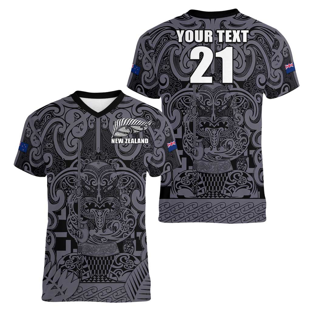 Custom New Zealand Taiaha Maori Women V-Neck T-Shirt Minimalist Silver Fern All Black LT9 - Polynesian Pride