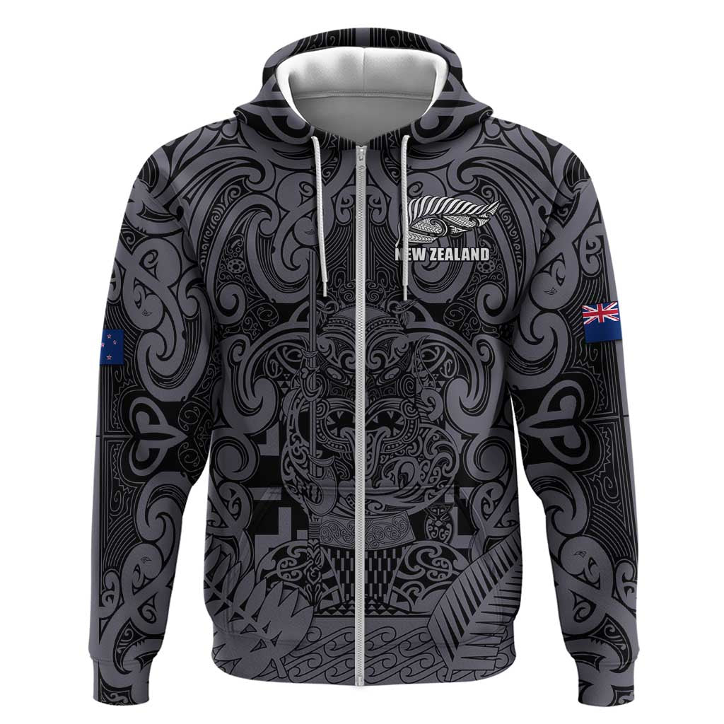 Custom New Zealand Taiaha Maori Zip Hoodie Minimalist Silver Fern All Black - Polynesian Pride