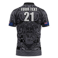Custom New Zealand Taiaha Maori Zipper Polo Shirt Minimalist Silver Fern All Black LT9 - Polynesian Pride