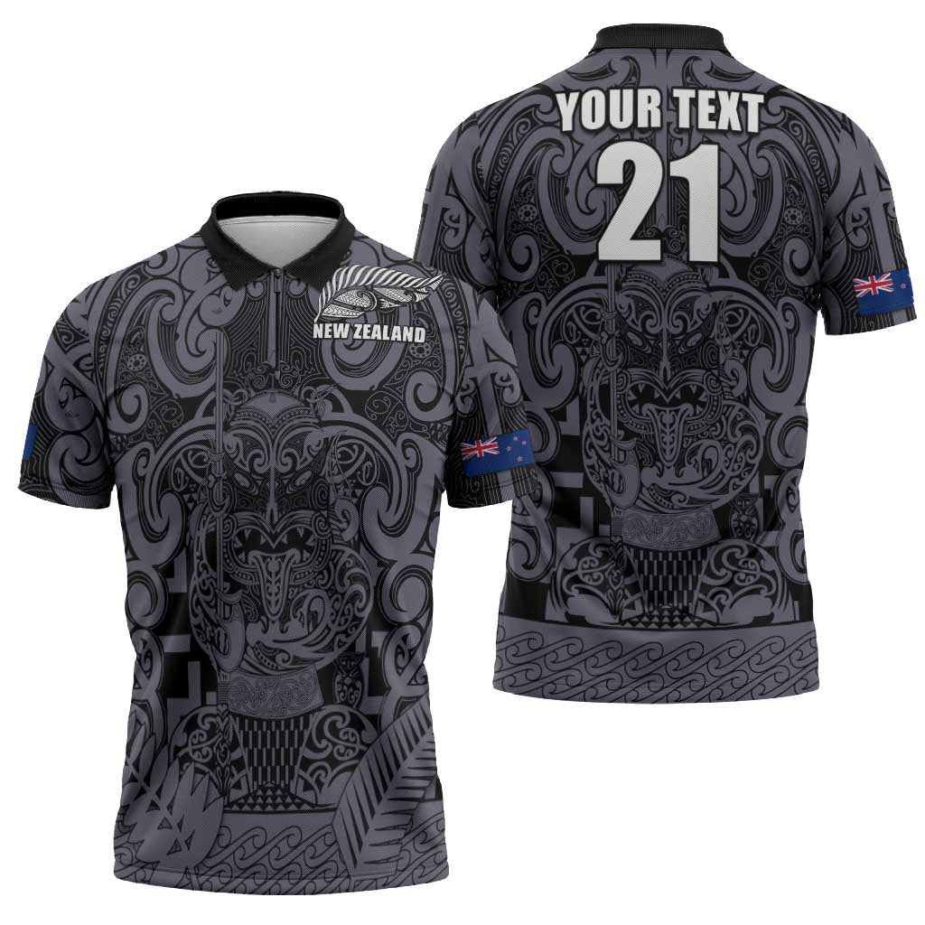 Custom New Zealand Taiaha Maori Zipper Polo Shirt Minimalist Silver Fern All Black LT9 - Polynesian Pride
