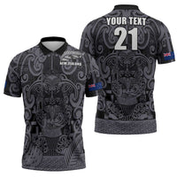 Custom New Zealand Taiaha Maori Zipper Polo Shirt Minimalist Silver Fern All Black LT9 - Polynesian Pride