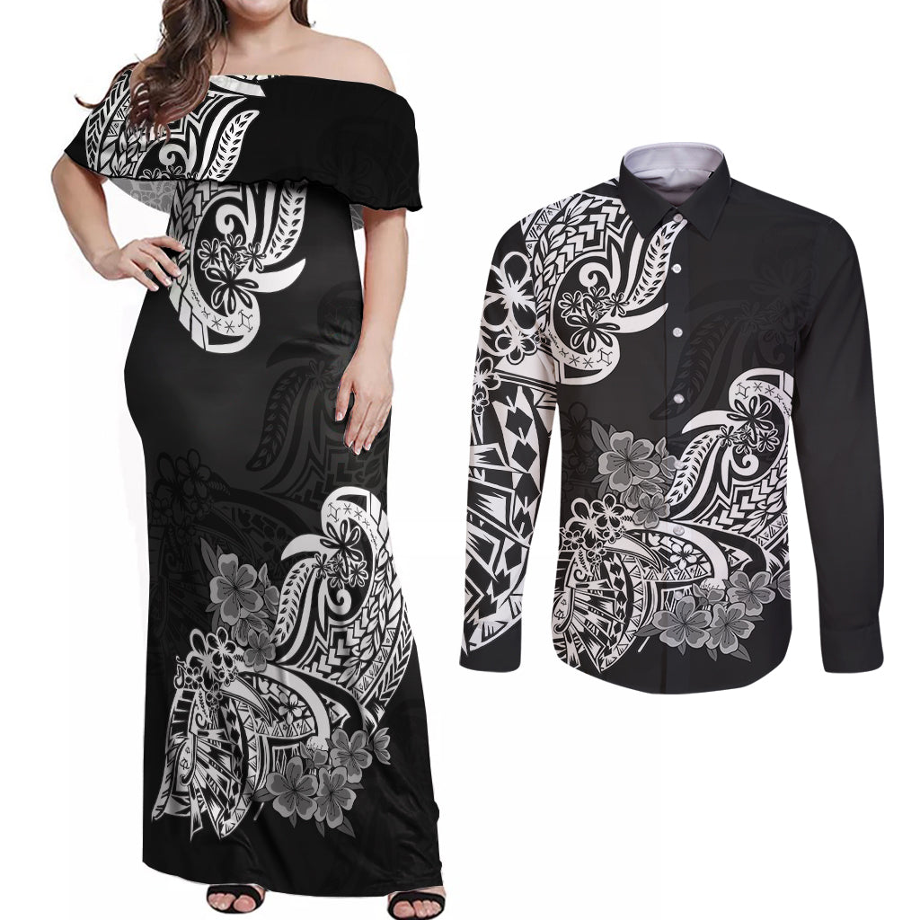 Polynesian Couples Matching Off Shoulder Maxi Dress and Long Sleeve Button Shirts Pacific Flower Mix Floral Tribal Tattoo Black Vibe LT9 Black - Polynesian Pride