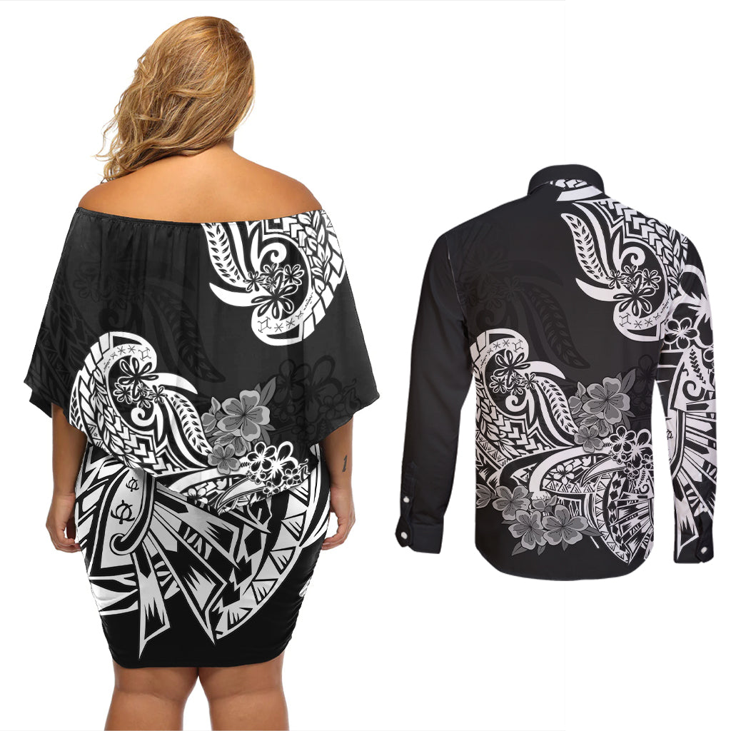 Polynesian Couples Matching Off Shoulder Short Dress and Long Sleeve Button Shirts Pacific Flower Mix Floral Tribal Tattoo Black Vibe LT9 - Polynesian Pride