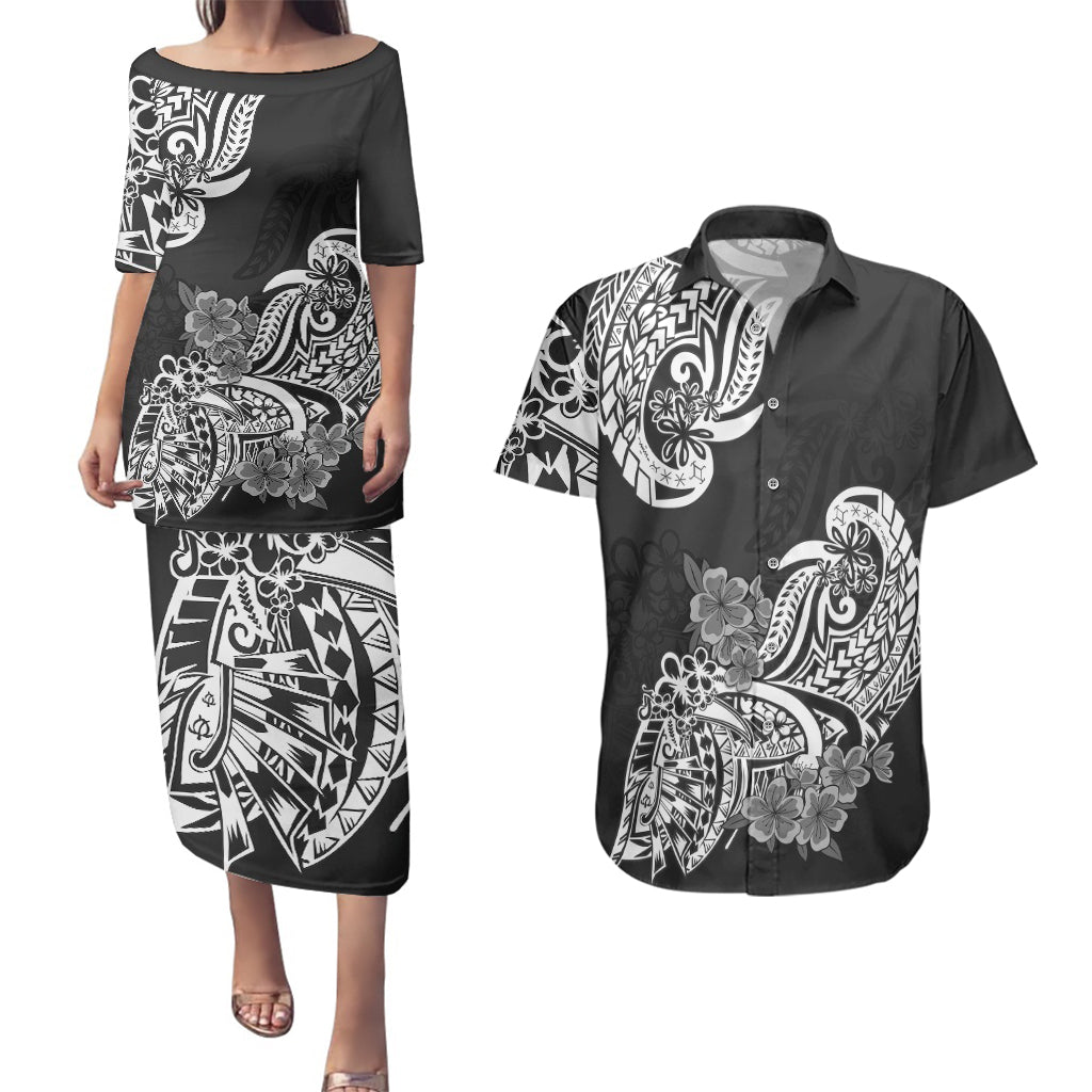 Polynesian Couples Matching Puletasi Dress and Hawaiian Shirt Pacific Flower Mix Floral Tribal Tattoo Black Vibe LT9 Black - Polynesian Pride