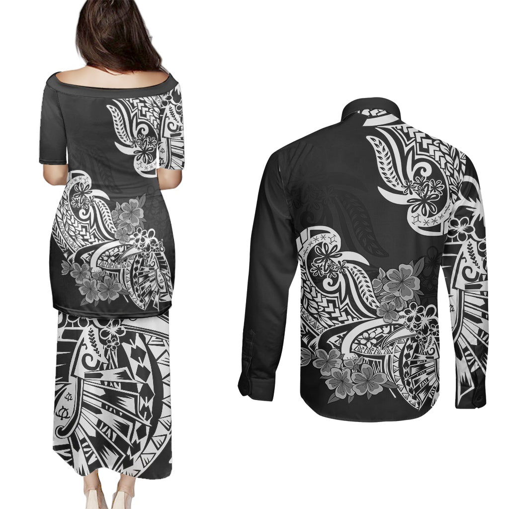 Polynesian Couples Matching Puletasi Dress and Long Sleeve Button Shirts Pacific Flower Mix Floral Tribal Tattoo Black Vibe LT9 - Polynesian Pride