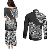 Polynesian Couples Matching Puletasi Dress and Long Sleeve Button Shirts Pacific Flower Mix Floral Tribal Tattoo Black Vibe LT9 - Polynesian Pride