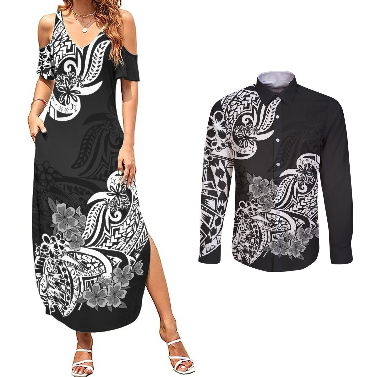 Polynesian Couples Matching Summer Maxi Dress and Long Sleeve Button Shirts Pacific Flower Mix Floral Tribal Tattoo Black Vibe LT9 Black - Polynesian Pride