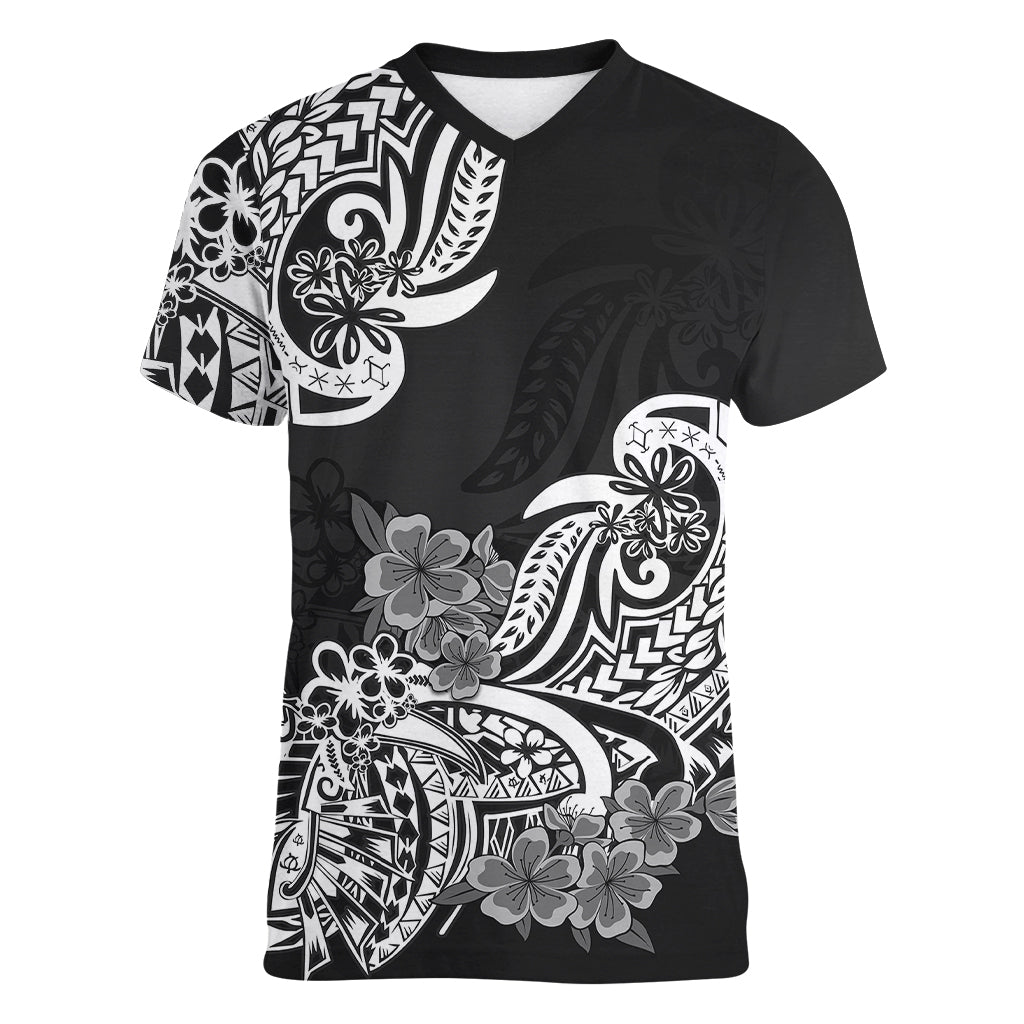 Polynesian Women V Neck T Shirt Pacific Flower Mix Floral Tribal Tattoo Black Vibe LT9 Female Black - Polynesian Pride