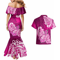 Polynesian Couples Matching Mermaid Dress And Hawaiian Shirt Pacific Flower Mix Floral Tribal Tattoo Pink Vibe LT9 - Polynesian Pride