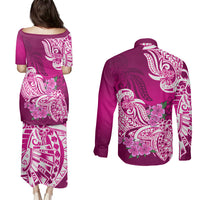 Polynesian Couples Matching Puletasi Dress and Long Sleeve Button Shirts Pacific Flower Mix Floral Tribal Tattoo Pink Vibe LT9 - Polynesian Pride