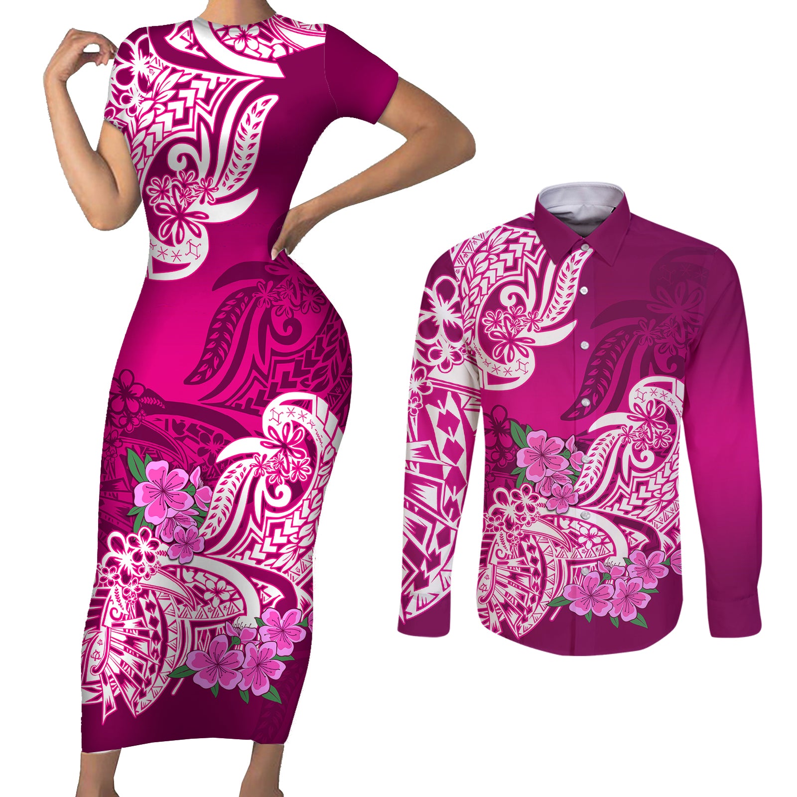 Polynesian Couples Matching Short Sleeve Bodycon Dress and Long Sleeve Button Shirts Pacific Flower Mix Floral Tribal Tattoo Pink Vibe LT9 Pink - Polynesian Pride