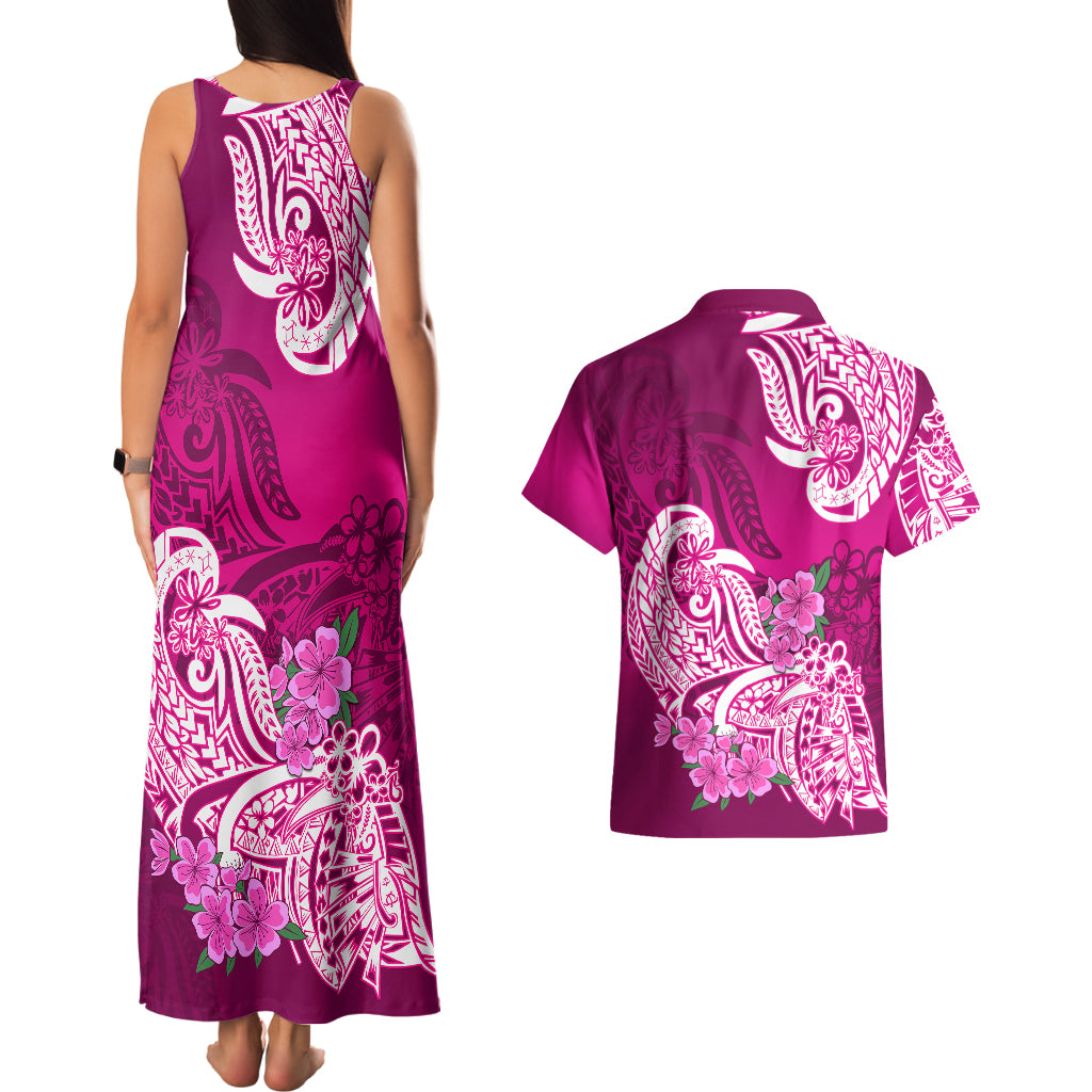 Polynesian Couples Matching Tank Maxi Dress And Hawaiian Shirt Pacific Flower Mix Floral Tribal Tattoo Pink Vibe LT9 - Polynesian Pride